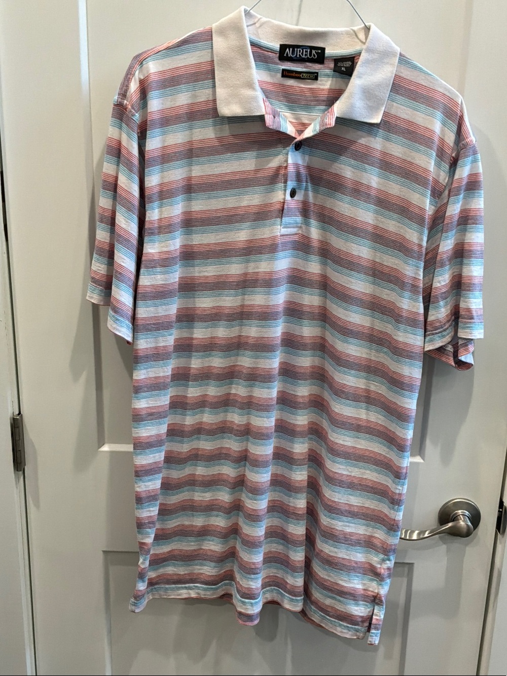 Aureus Bamboo Tech Longtail XL Men’s Short-Sleeve Striped Polo Light Blue Pink